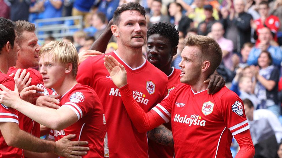 Cardiff City celebrate their opening goal against Sheffield Wednesday