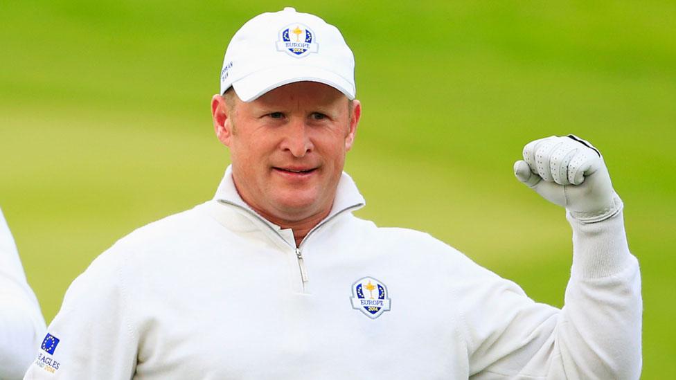 Jamie Donaldson gives a clenched fist salute during his Saturday afternoon match at the Ryder Cup