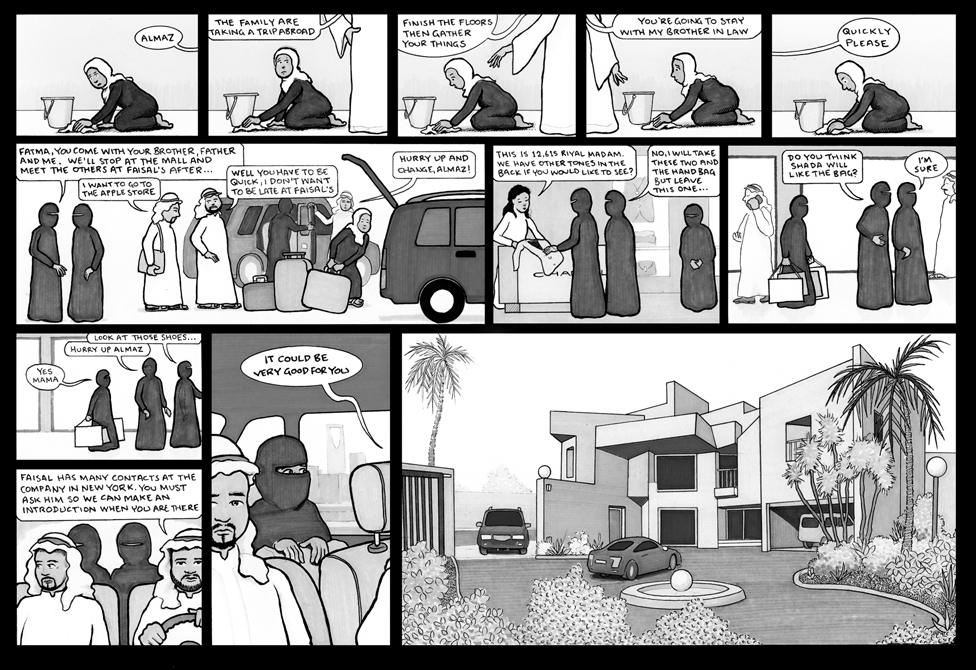 One day, when Almaz was scrubbing the floor, her employer told her that she and her husband were taking a trip abroad. While they were away, Almaz would be sent to stay with Mama's sister Shada. Almaz had to load the heavy suitcases into the car and accompany Mama to the mall to buy a designer handbag for Shada's birthday.