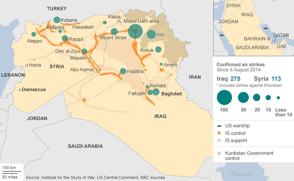 Map showing air strikes against IS in Syria and Iraq since 8 Aug 2014