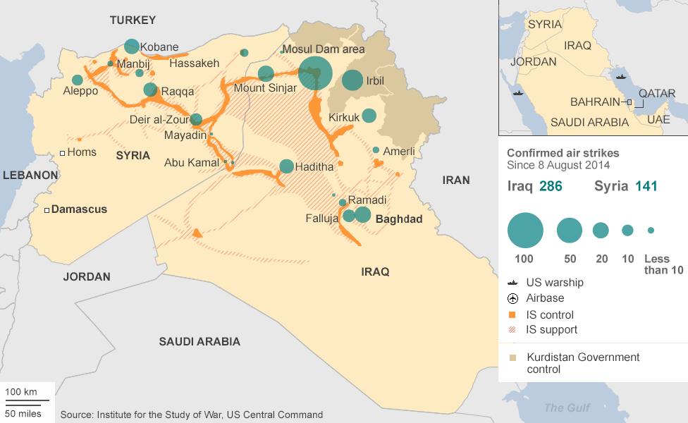 Map showing air strikes against IS in Syria and Iraq since 8 Aug 2014