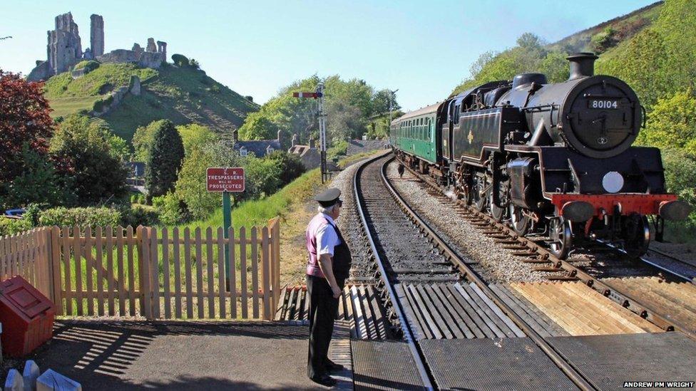 A steam train on the Swanage Railway line at Corfe Castle