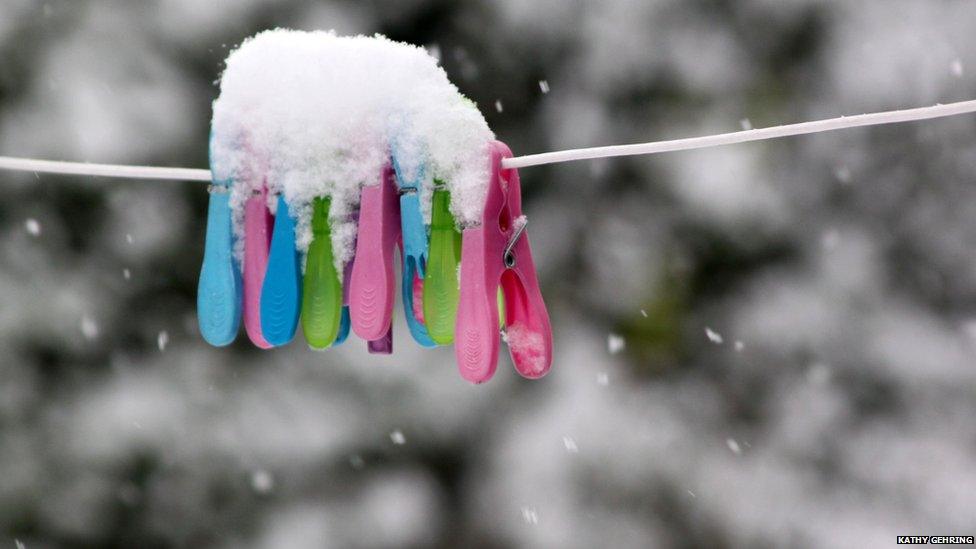 Pegs on a washing line covered in snow