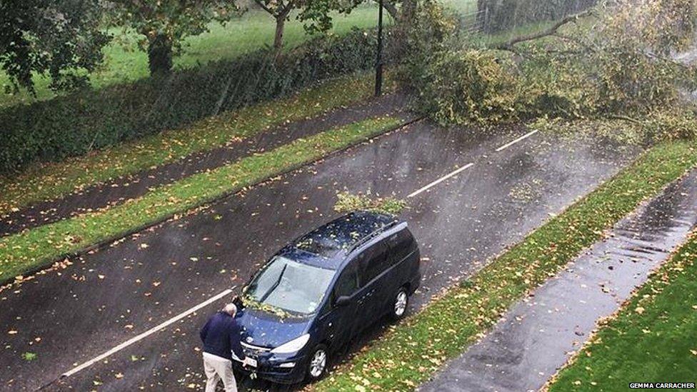 Man in road in front of car.