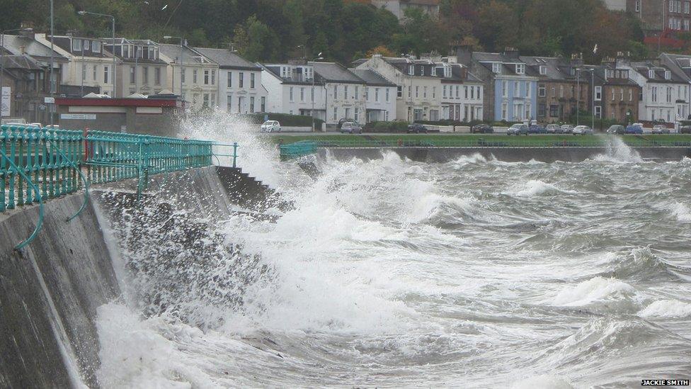 Waves crash against wall in Gourock, Inverclyde, Scotland.