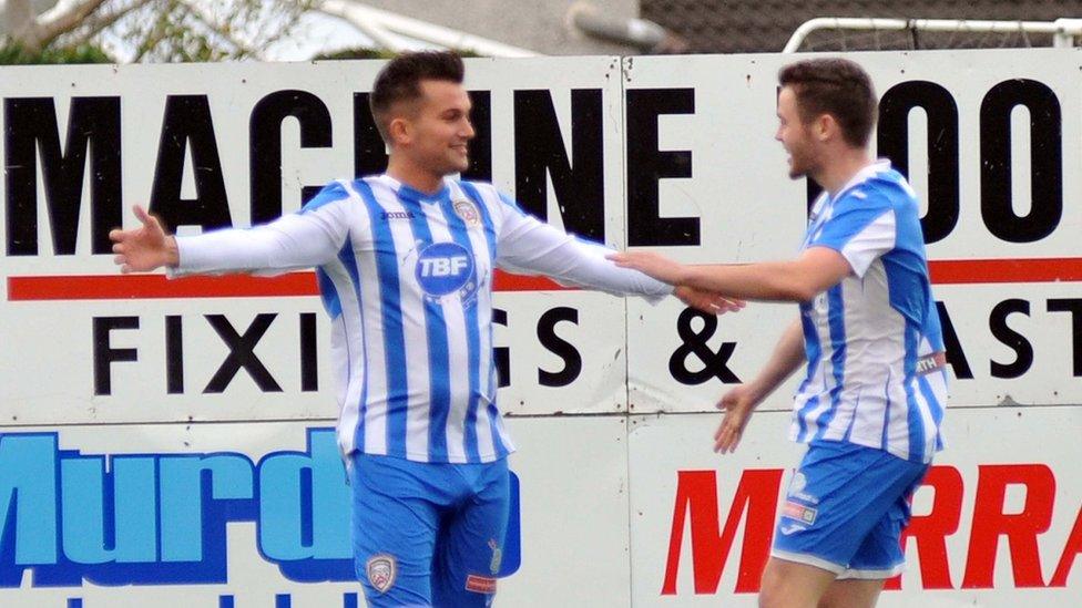 Mark Miskimmin accepts plaudits from David Scullion after scoring for Coleraine in the second minute of their 2-0 win at Portadown