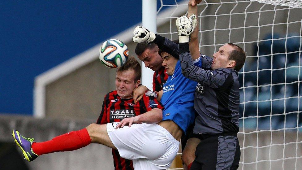 Goalmouth action from Windsor Park as Crusaders beat Linfield 2-1 in the Irish Premiership