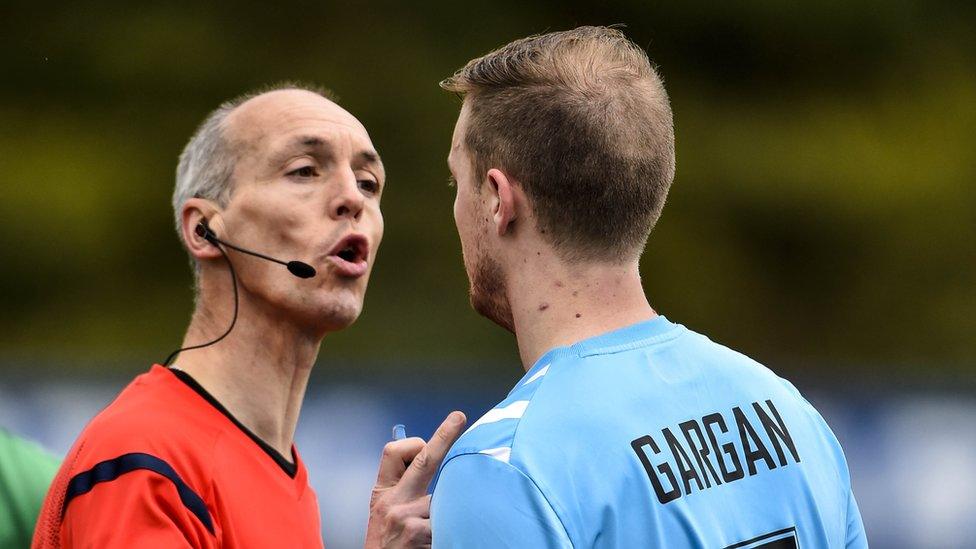 Referee Raymond Hetherington sent off Ciaran Gargan during Warrenpoint Town's 5-2 defeat by Glentoran