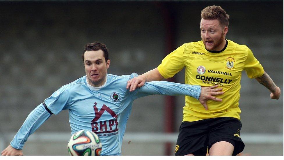 Institute's Mark Forker and Matt Hazley of Dungannon Swifts in action during the 1-1 draw at Drumahoe