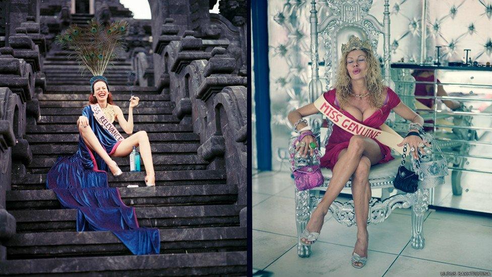 Women in ball gowns, one with 'Miss Relevance' as a sash and the other with 'Miss Genuine'