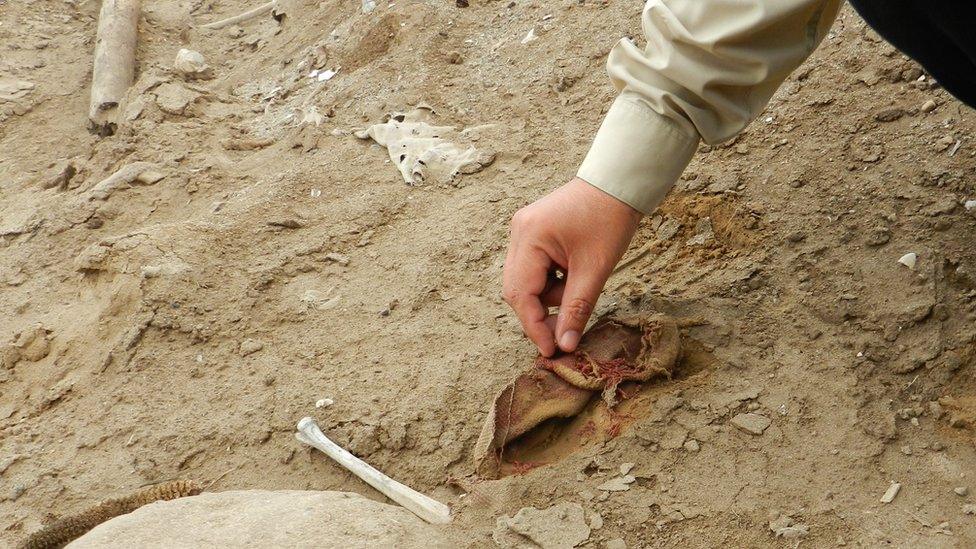 Rommel Angeles Falcon points to a piece of textile in Huaca Malena