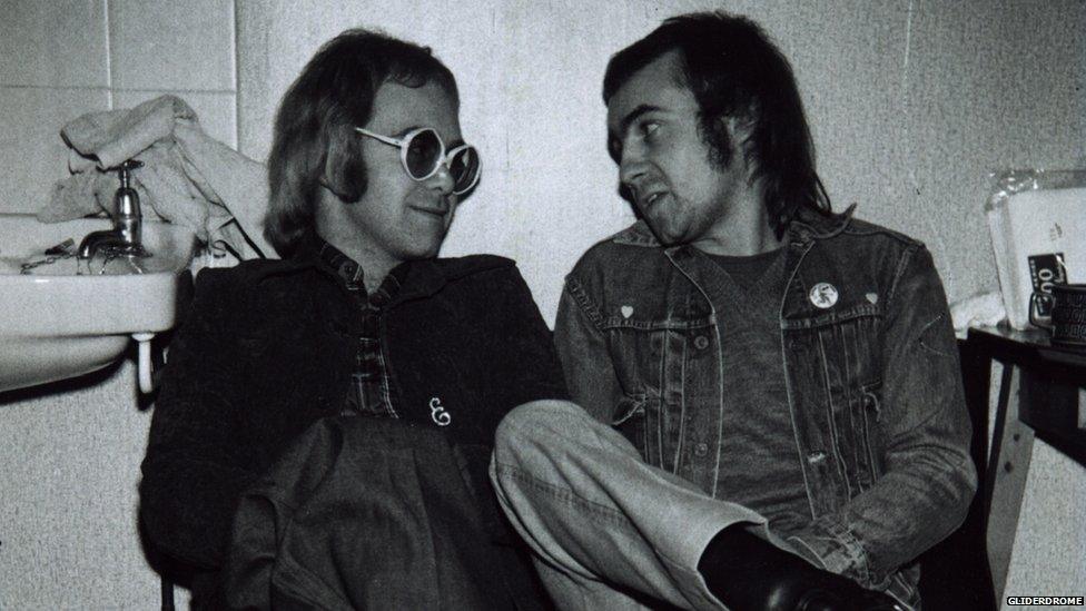 Elton John and Bernie Taupin in the star dressing room of the Gliderdrome