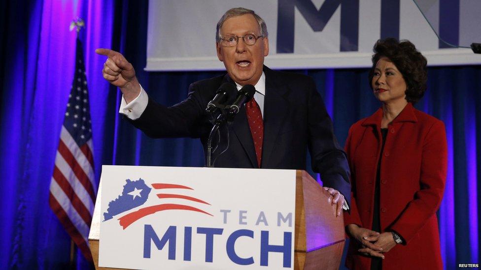 US Senate Minority Leader Mitch McConnell addresses supporters with wife Elaine Chao at victory rally in Louisville, Kentucky. 4 Nov 2014