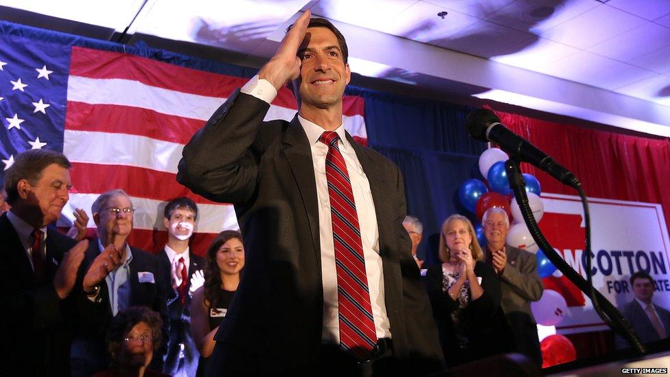 Republican Tom Cotton salutes supporters during election night gathering in Little Rock, Arkansas. 4 Nov 2014