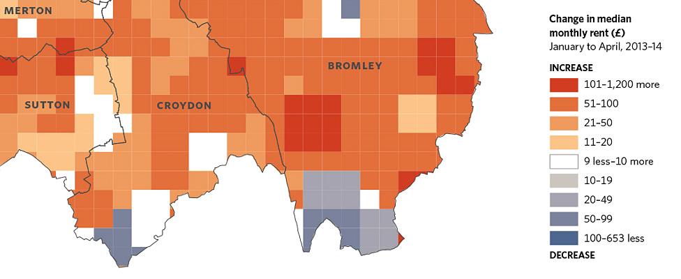 Changes in median monthly rent in London (Jan-Apr 2013-14) (source: nestoria.co.uk)