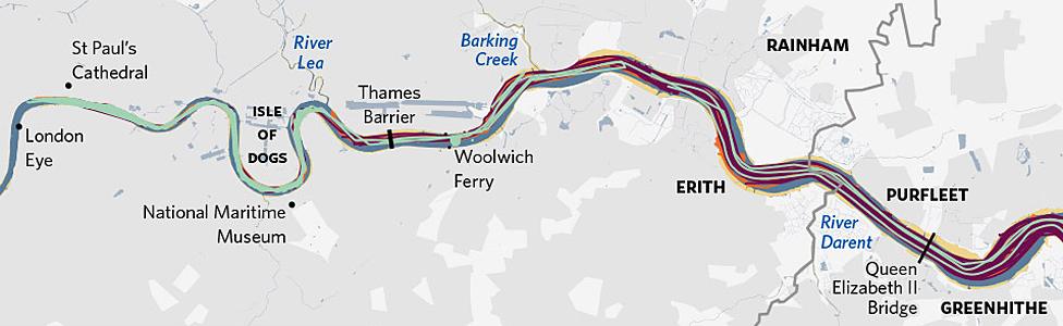 Nautical traffic on River Thames and estuary in 24 hours (12 Apr 2014) (source: fleetmon.com, OS)