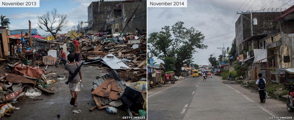 Anibong district, Tacloban, after Typhoon Haiyan and a year later