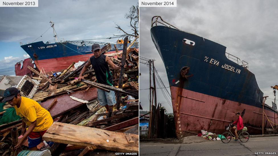 Anibong district, Tacloban, after Typhoon Haiyan and a year later