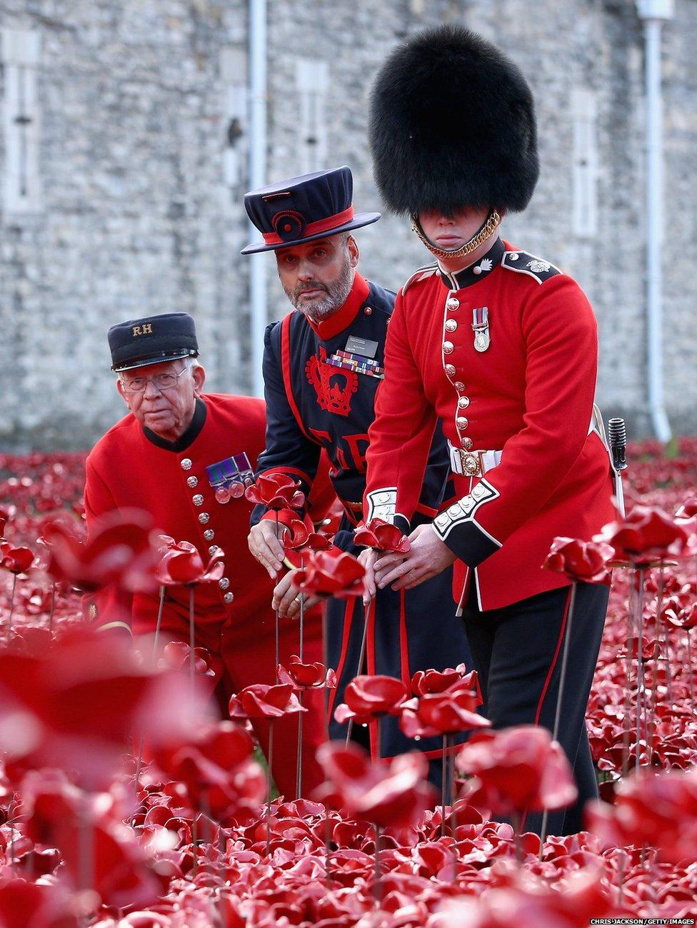 Three generations on the military, Chelsea Pensioner Albert Willis, Yeoman Warder Paul Cunilffe and Captain of the Grenadier Guard Joe Robinson plant poppies