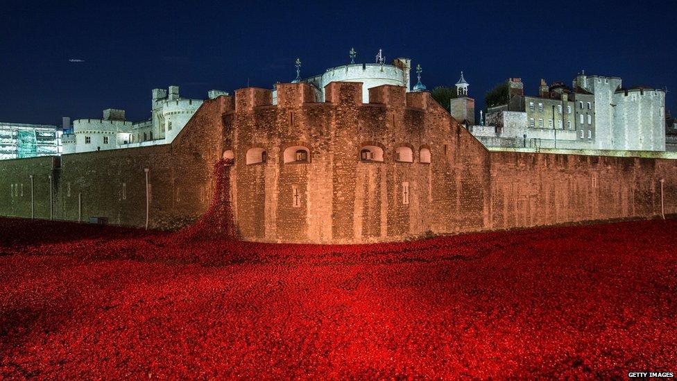 Ceramic poppies at the Tower of London