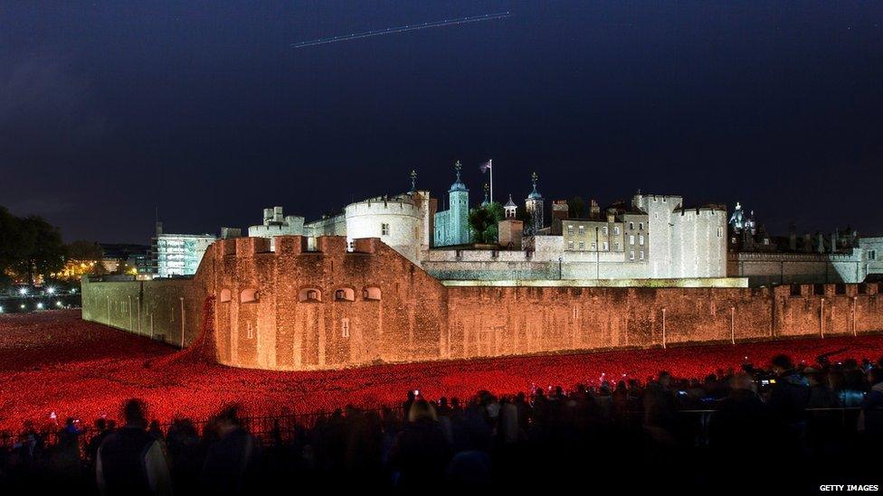 Ceramic poppies at the Tower of London