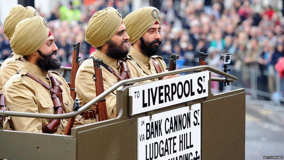 Members of the armed forces dressed in World War One uniforms parade in the annual Lord Mayor"s Show