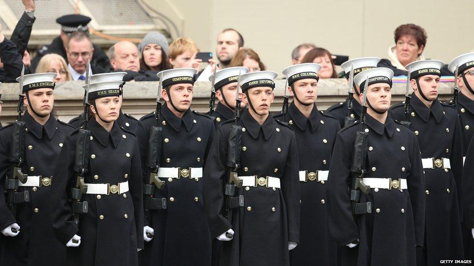 Members of the armed forces attend the annual Remembrance Sunday Service at the Cenotaph