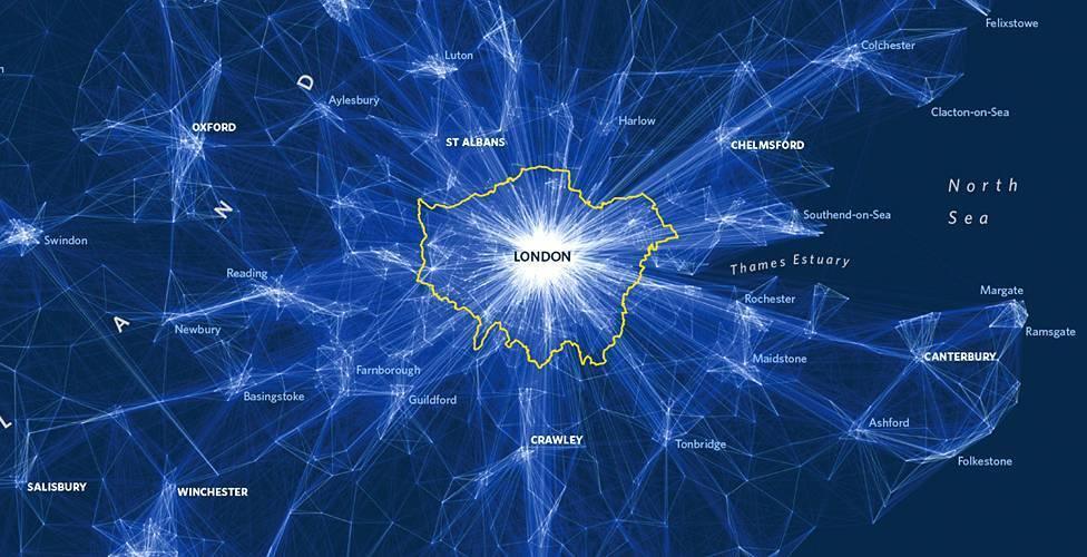 Depiction of daily commutes into London (source: 2011 Census, ONS)