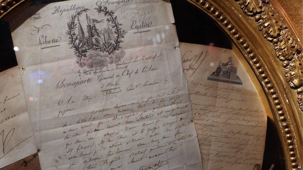 Two letters, handwritten by French Emperor Napoleon Bonaparte are presented in Fontainebleau, south of Paris, France, Wednesday Nov. 12, 2014