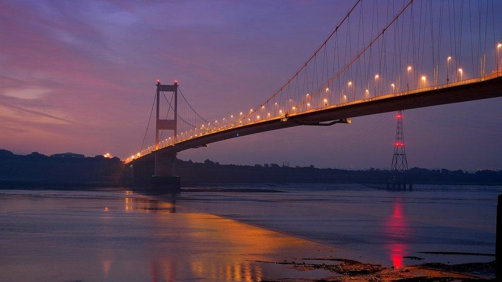 Sunrise over the Severn Bridge.