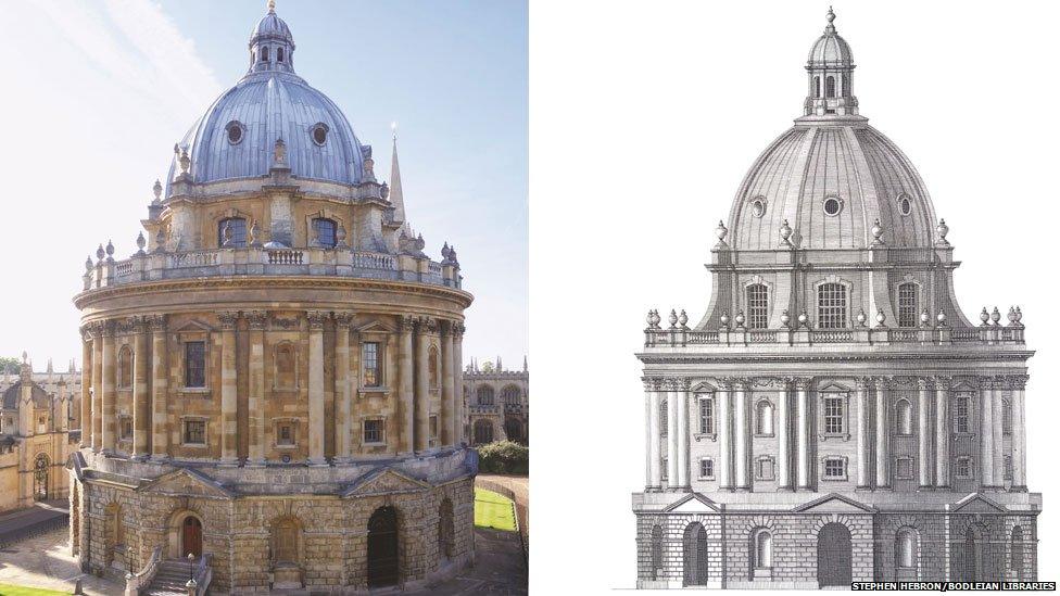 Radcliffe Camera and an engraving of James Gibbs’s 1747 drawing of Radcliffe’s Library, later renamed the Radcliffe Camera