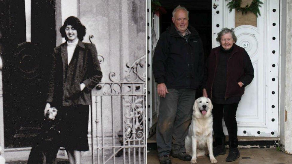 Jocelyn Hemming outside Poltmore House in 1949, and now in 2014 with Ashley Roberts who was born in house.