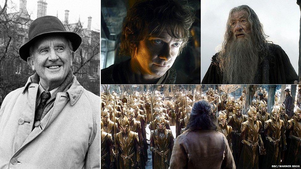 Composite of Tolkien and Bilbo and Gandalf in the Hobbit, plus Elvish army