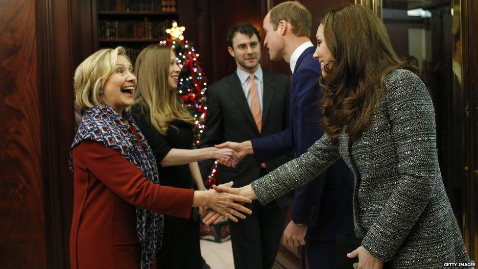 The Duke and Duchess of Cambridge shake hands with Hillary and Chelsea Clinton