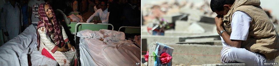 A Pakistani woman mourns a relative killed in a bombing on the border with India, in Yemen a man mourns his friend, killed in clashes with AQAP