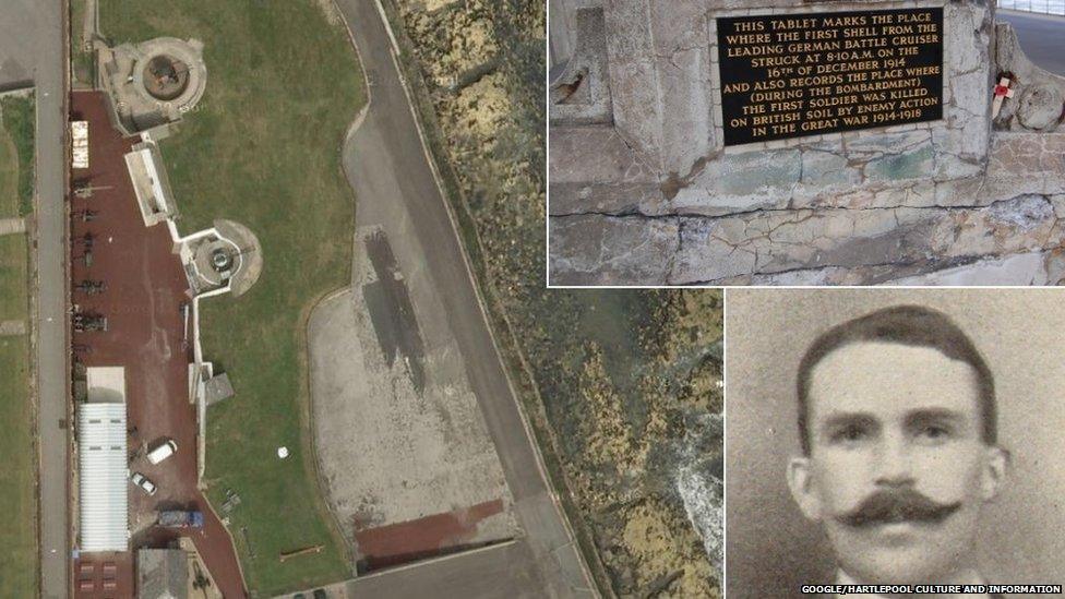 Aerial view of Heugh battery, the plaque commemorating the place where the first shell fell and a photo of Private Theo Jones