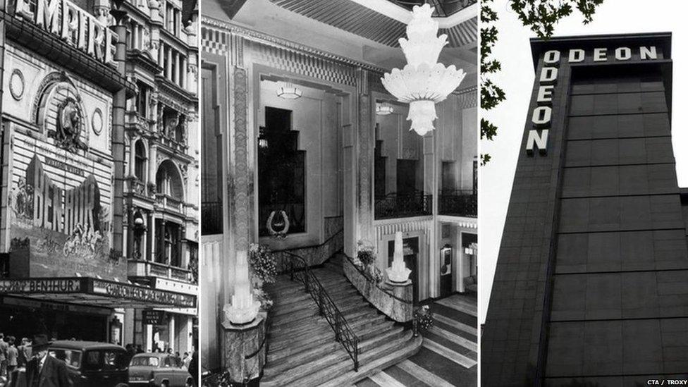 The Empire Cinema, Leicester Square, the lobby of the Troxy, east London, and the tower of the Odeon Leicester Square