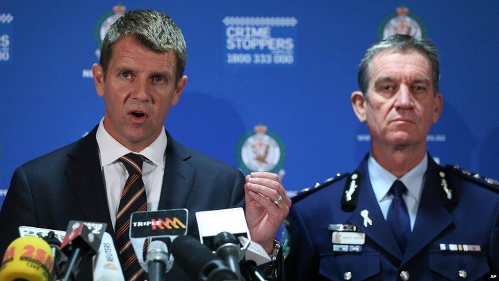 New South Wales Premier Mike Baird (left) and police Commissioner Andrew Scipione speak to media in Sydney