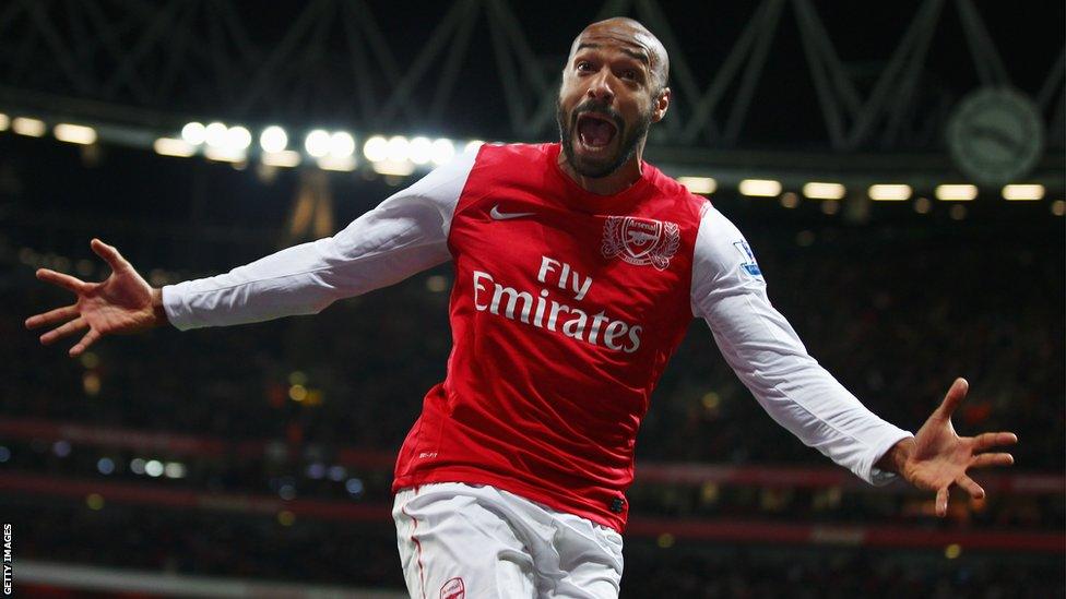 Thierry Henry of Arsenal celebrates scoring during the FA Cup Third Round match between Arsenal and Leeds United at the Emirates Stadium on January 9, 2012 in London