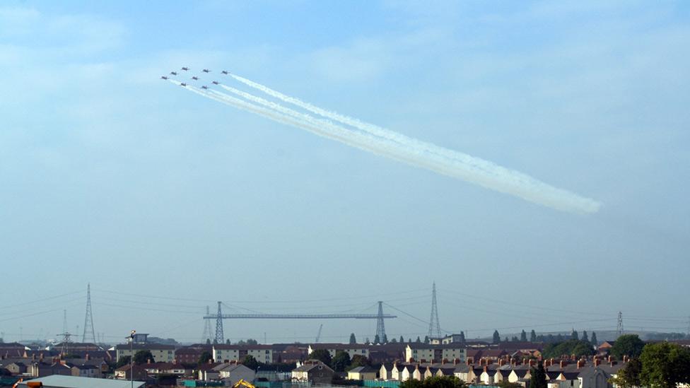 Red Arrows over Newport Transporter Bridge