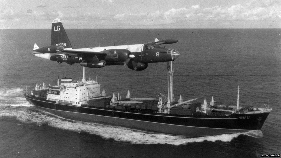 US aircraft flies over Soviet freighter during the Cuban missile crisis, 1962