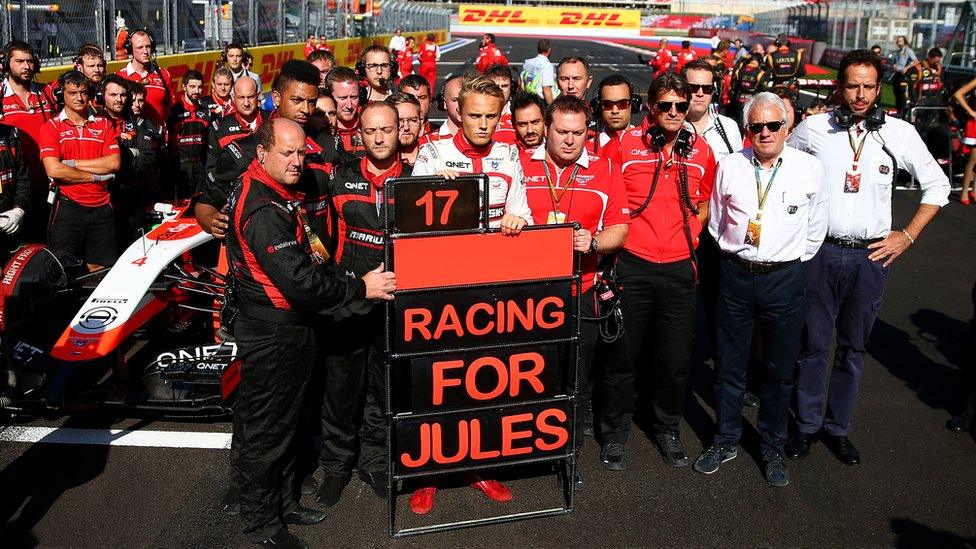 The Marussia team pay tribute to Jules Bianchi at the Russian GP