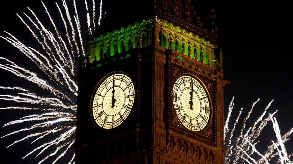Fireworks explode over London on 1 January 2015