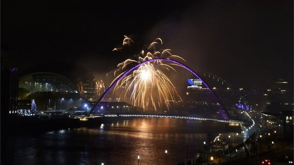 Fireworks were set off to unveil a Rugby World Cup 2015 emblem over the River Tyne in Newcastle, one of the 11 tournament host cities