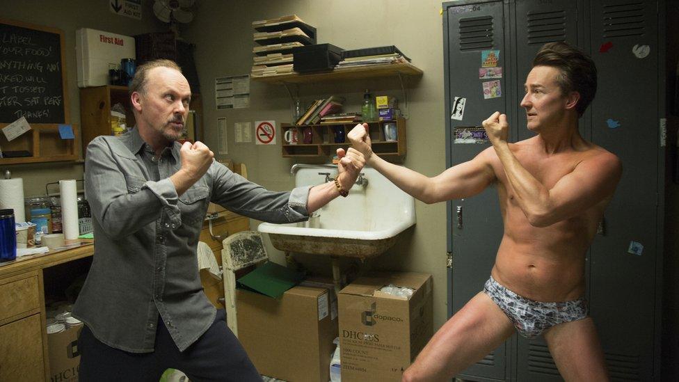 Michael Keaton and Edward Norton in Birdman