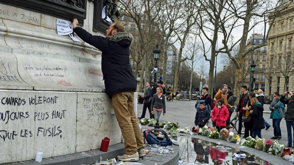 Graffiti on statue in Place de la Republique (10 January 2015)