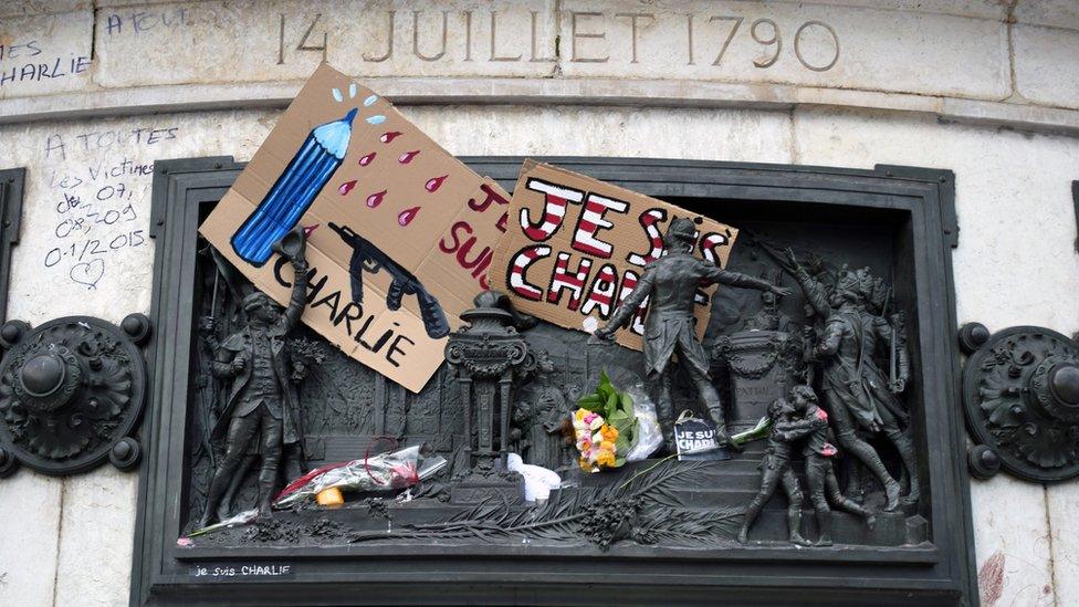 "I am Charlie" placard on statue in Place de la Republique