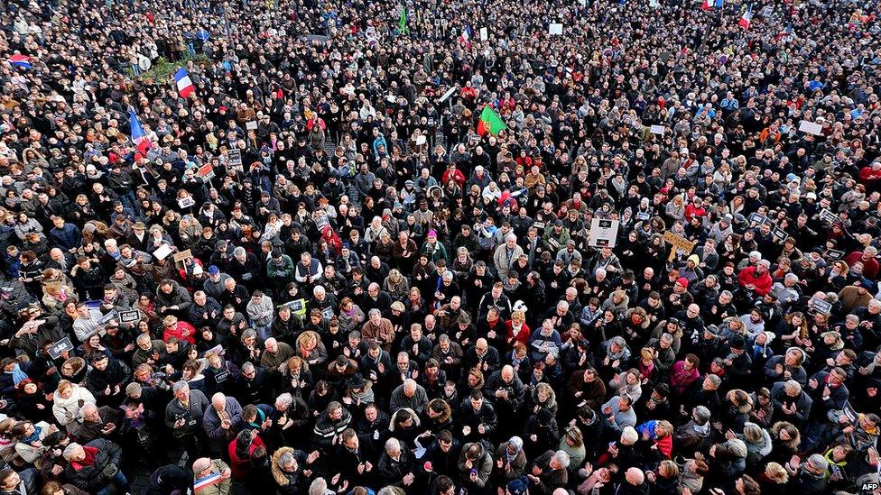 People take part in a Unity Rally "Marche Republicaine" in Reims