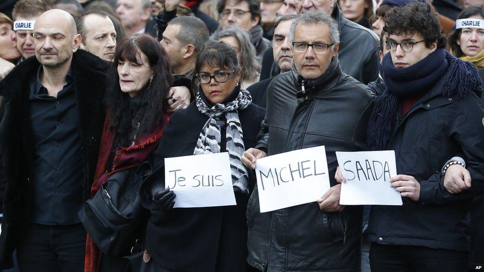 Relatives of victim of Kosher supermarket shooting Michel Saada attend the Paris march