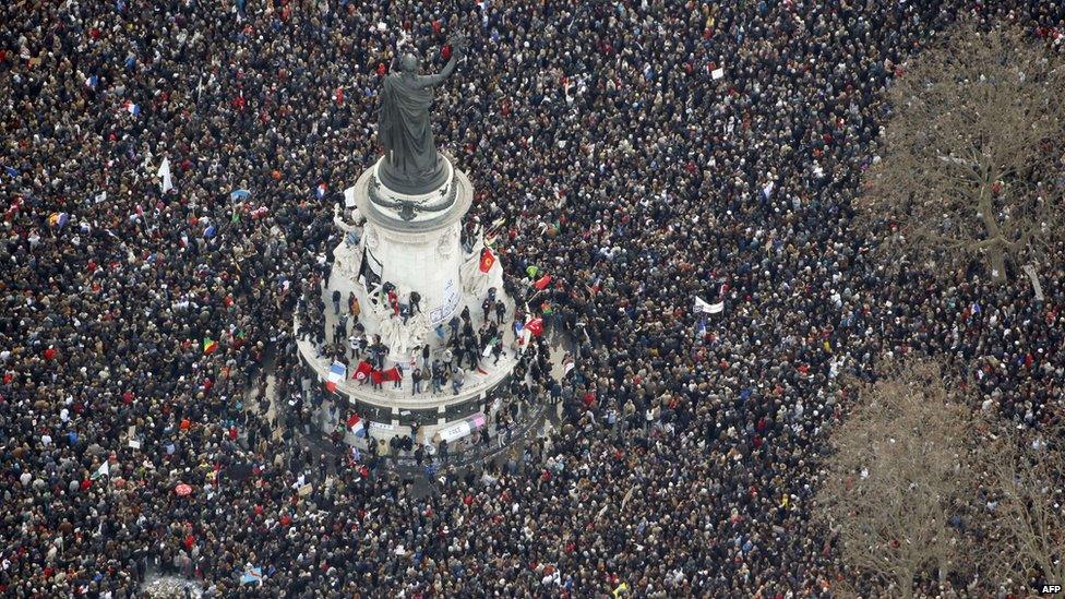 Hundreds of thousands of people gather on the Place de la Republique